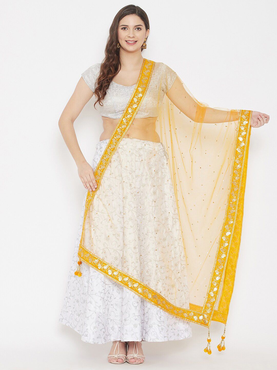 Clora Creation Mustard & White Ethnic Motifs Embroidered Dupatta with Sequinned Price in India