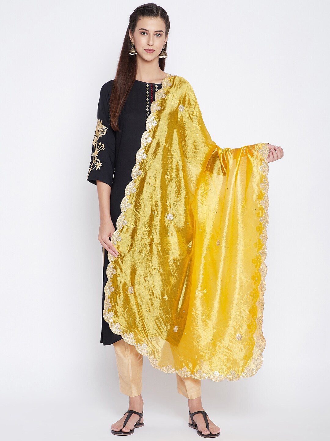 Clora Creation Yellow & Black Embroidered Dupatta with Gotta Patti Price in India