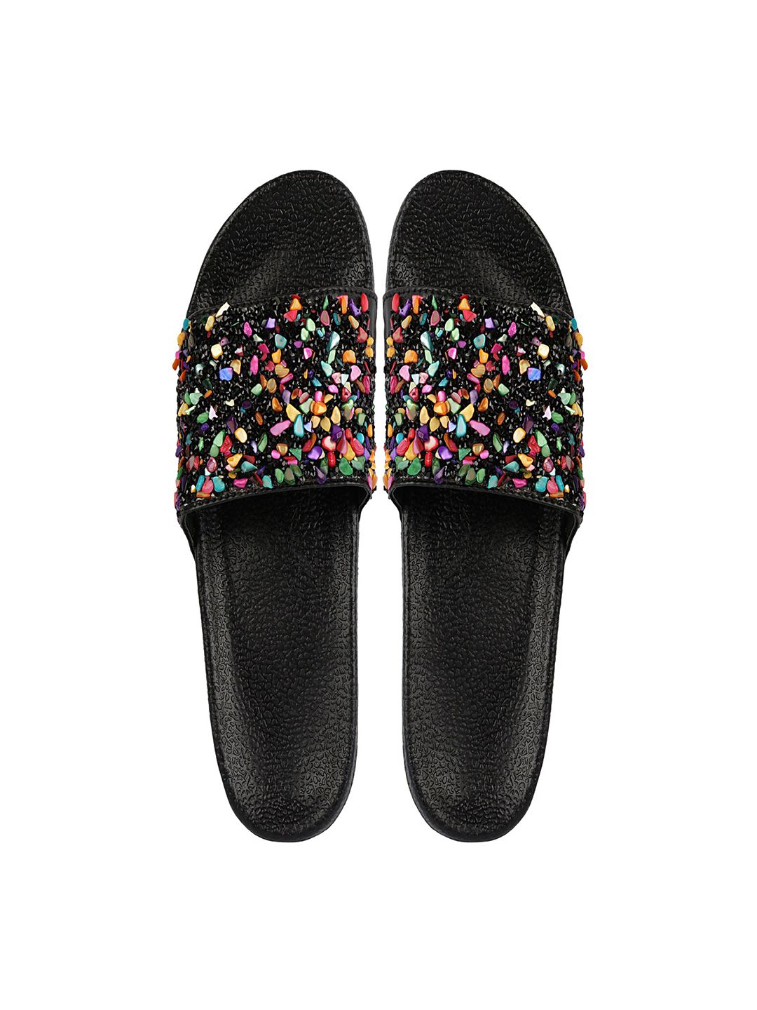 Shoetopia Women Black & Pink Embellished Sliders Price in India