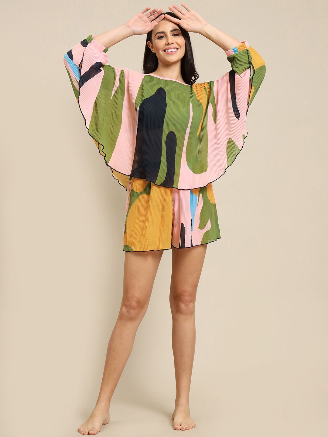 Clt.s Women Pink & Green Printed Top & Shorts Cover-Up Set Price in India