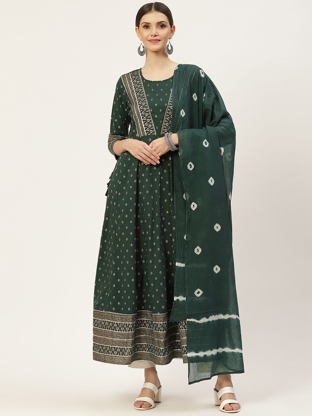 KBZ Green Ethnic Motifs Printed Cotton Ethnic Maxi Dress With Dupatta Price in India