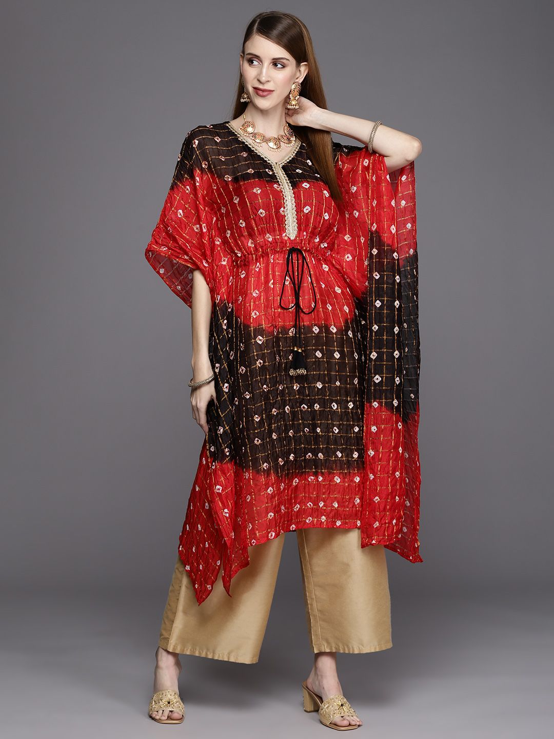 Varanga Women Red & Black Bandhani Printed Flared Sleeves Asymmetric Jacquard Kaftan Kurta Price in India