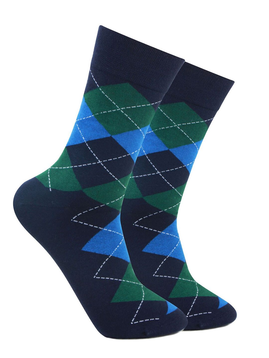 Bonjour Men Navy Blue & Green Patterned Calf Length Socks