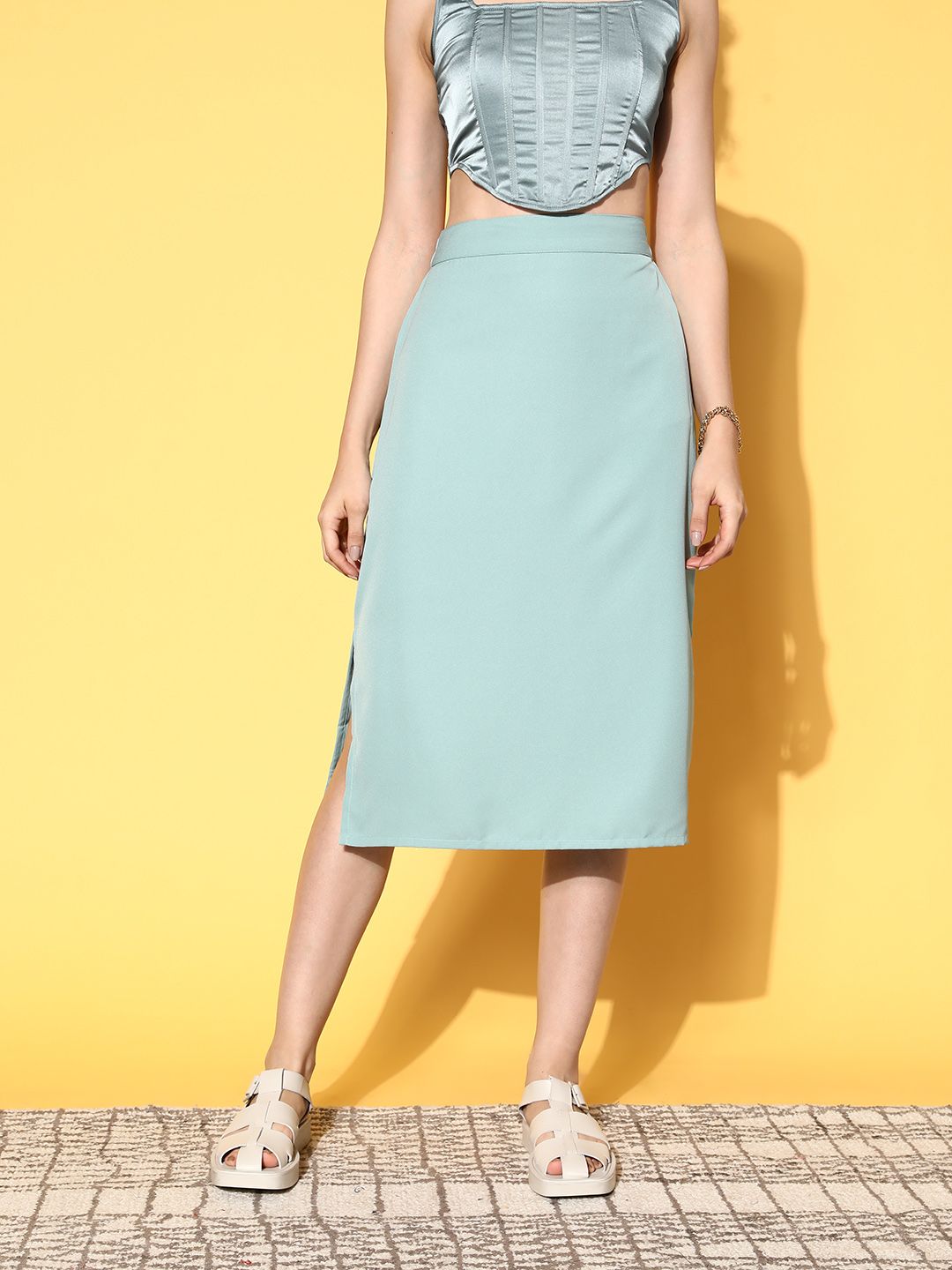 plusS Women Mint Green Solid A-Line Midi Skirt Price in India