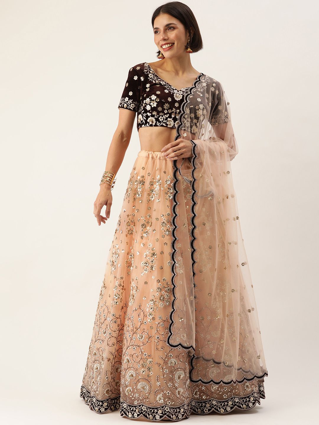 panchhi Peach-Coloured & Coffee Brown Embroidered Sequinned Semi-Stitched Lehenga & Unstitched Blouse With Price in India