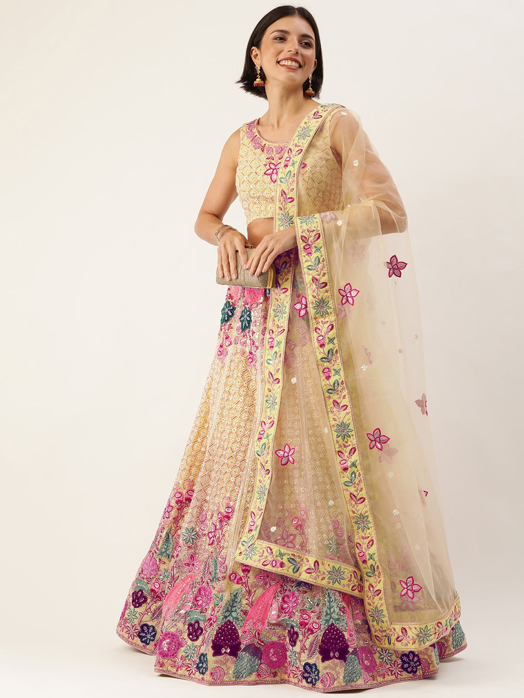 panchhi Yellow & Pink Embroidered Sequinned Semi-Stitched Lehenga & Unstitched Blouse With Dupatta Price in India