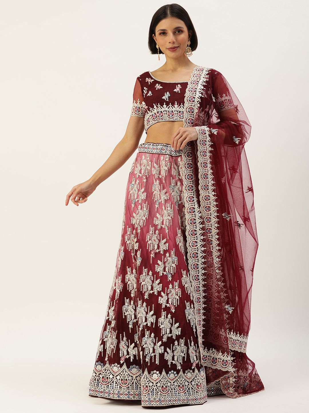 panchhi Burgundy & Silver Embroidered Semi-Stitched Lehenga & Unstitched Blouse & Dupatta Price in India