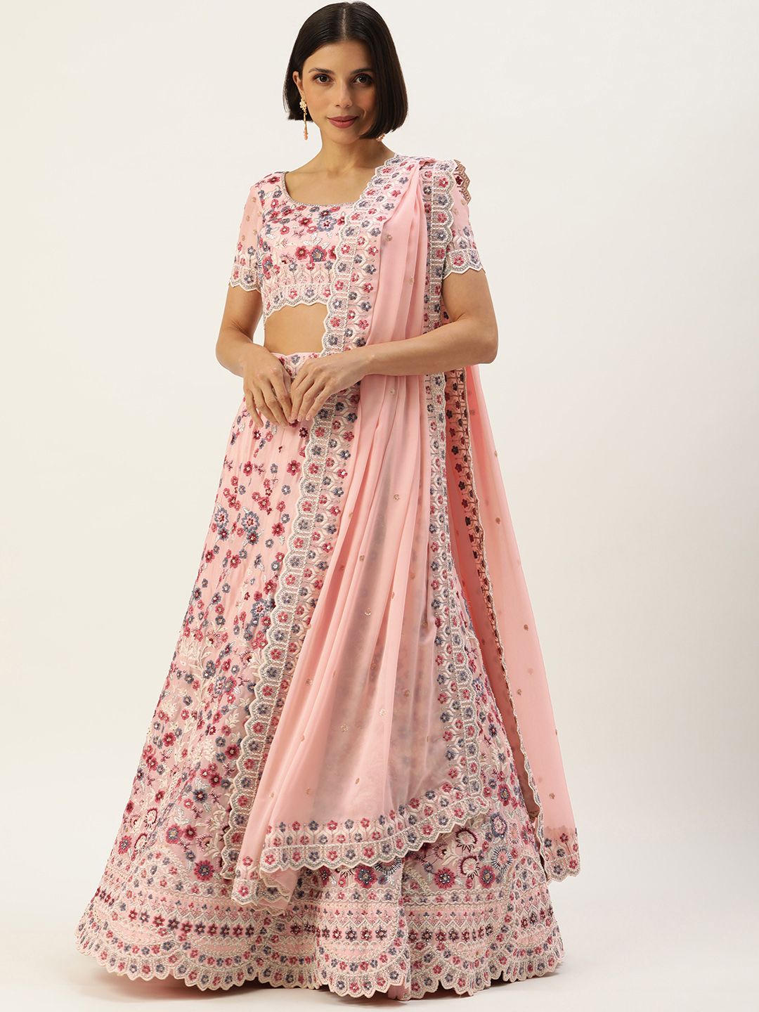 panchhi Coral Pink & Blue Embroidered Semi-Stitched Lehenga & Unstitched Blouse & Dupatta Price in India