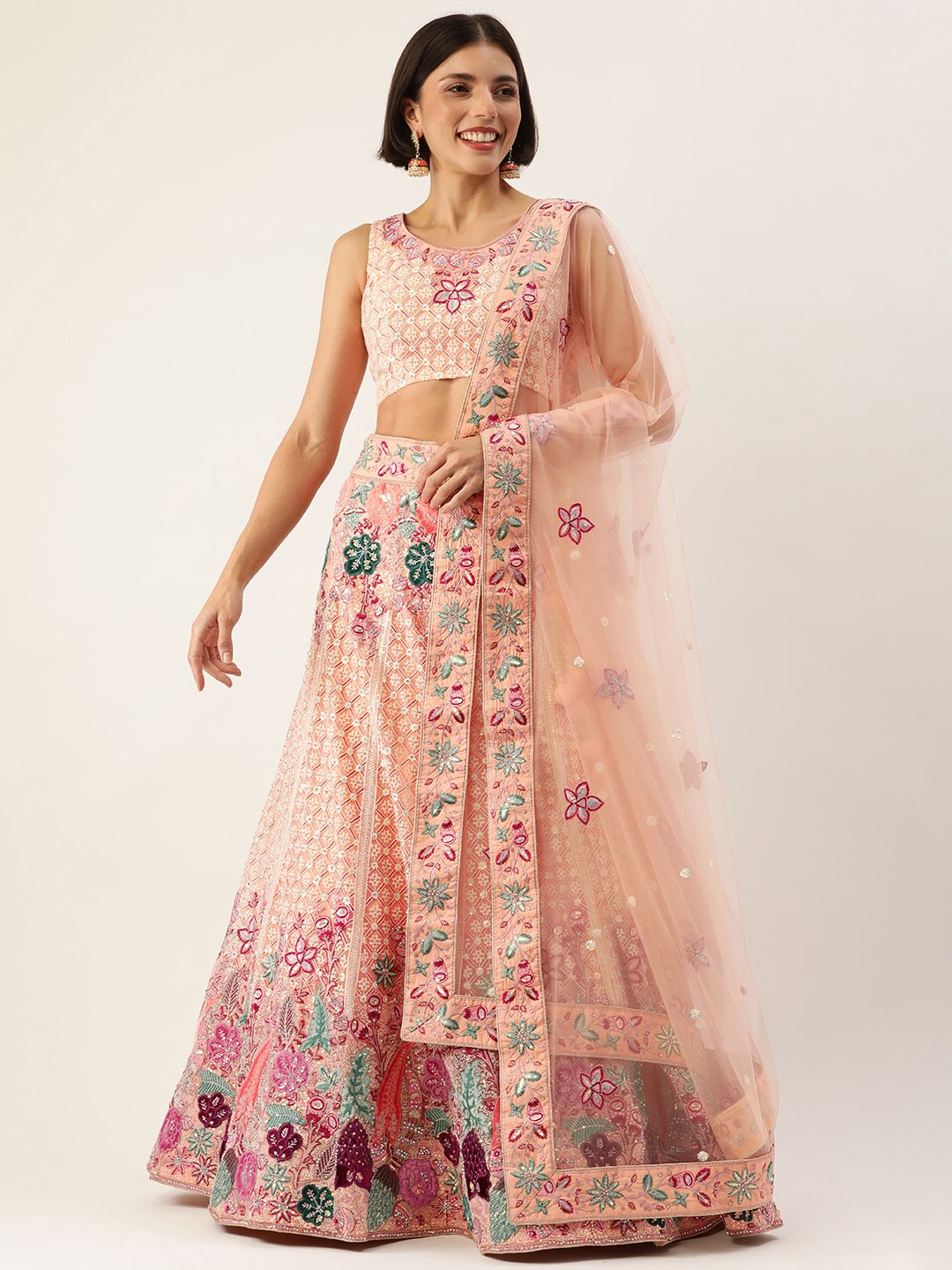 panchhi Peach-Coloured Embroidered Sequinned Semi-Stitched Lehenga & Unstitched Blouse With Dupatta Price in India