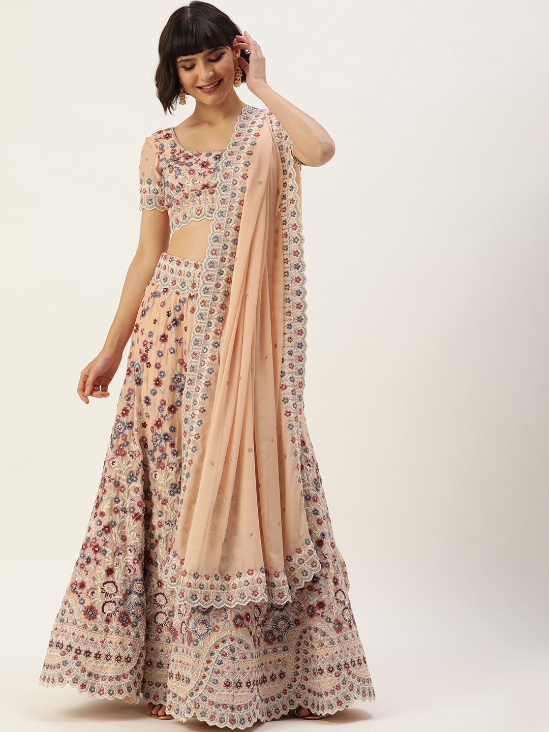 panchhi Peach-Coloured & Blue Embroidered Thread Work Semi-Stitched Lehenga & Unstitched Blouse With Dupatta Price in India