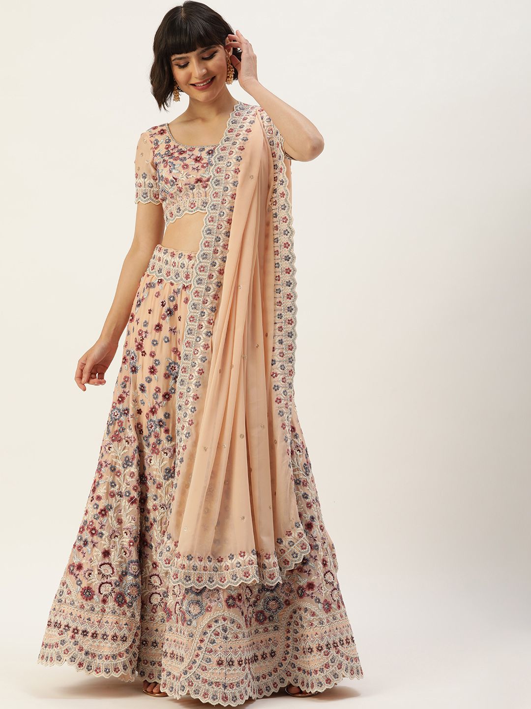 panchhi Peach-Coloured & Blue Embroidered Thread Work Semi-Stitched Lehenga & Unstitched Blouse With Dupatta