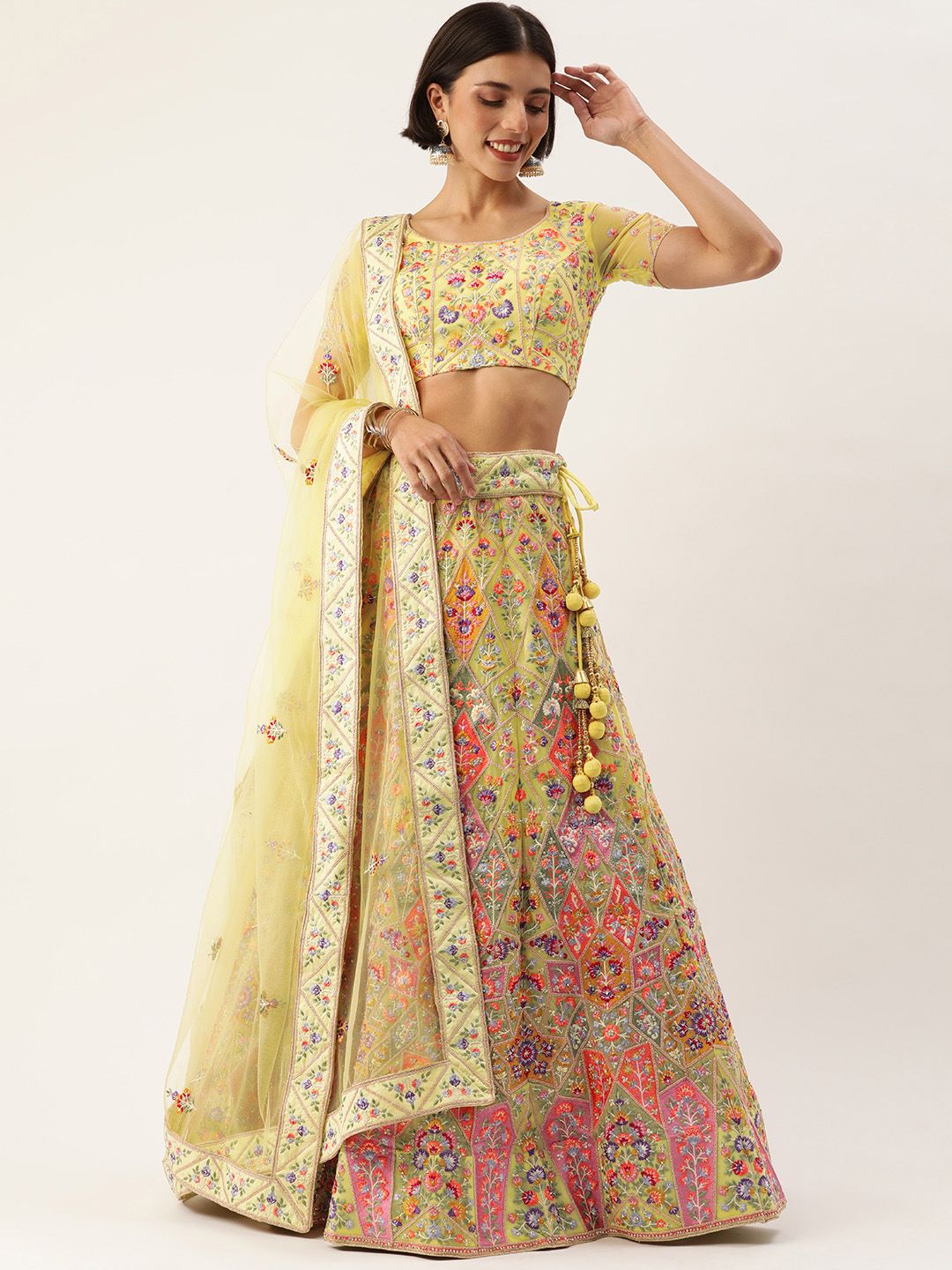 panchhi Yellow & Pink Embroidered Thread Work Semi-Stitched Lehenga & Unstitched Blouse With Dupatta Price in India