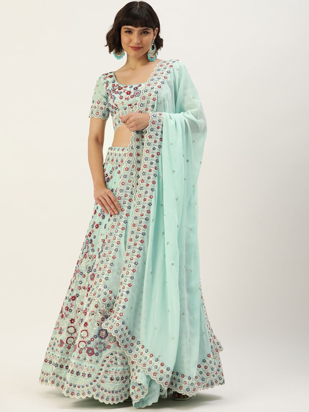 panchhi Sea Green & Maroon Embroidered Thread Work Semi-Stitched Lehenga & Unstitched Blouse With Dupatta Price in India