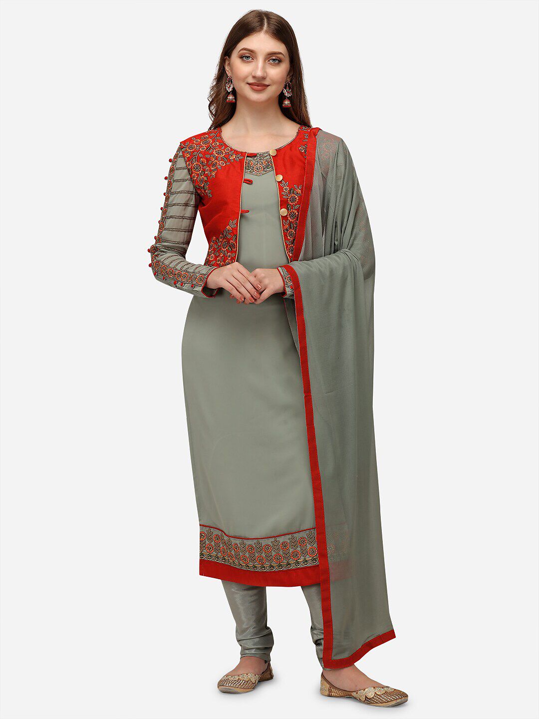 Panash Trends Grey & Red Silk Georgette Unstitched Dress Material
