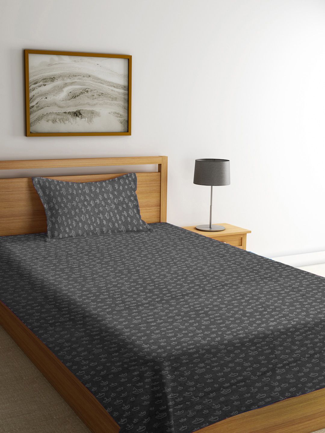 KLOTTHE Grey Woven Design Pure Cotton Single Bed Cover with Pillow Cover Price in India