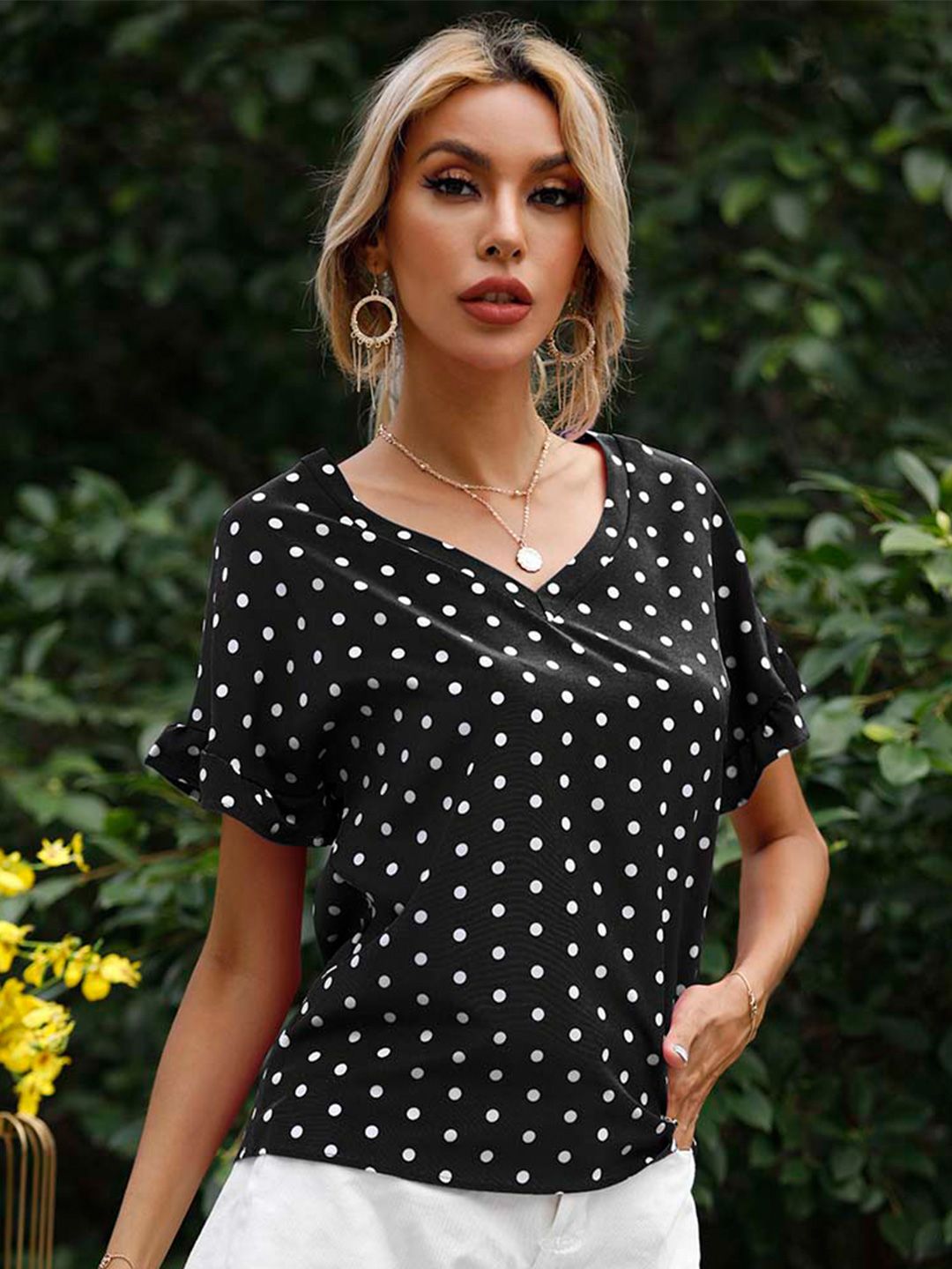 BoStreet Black & eerie black Print Ruffles Top