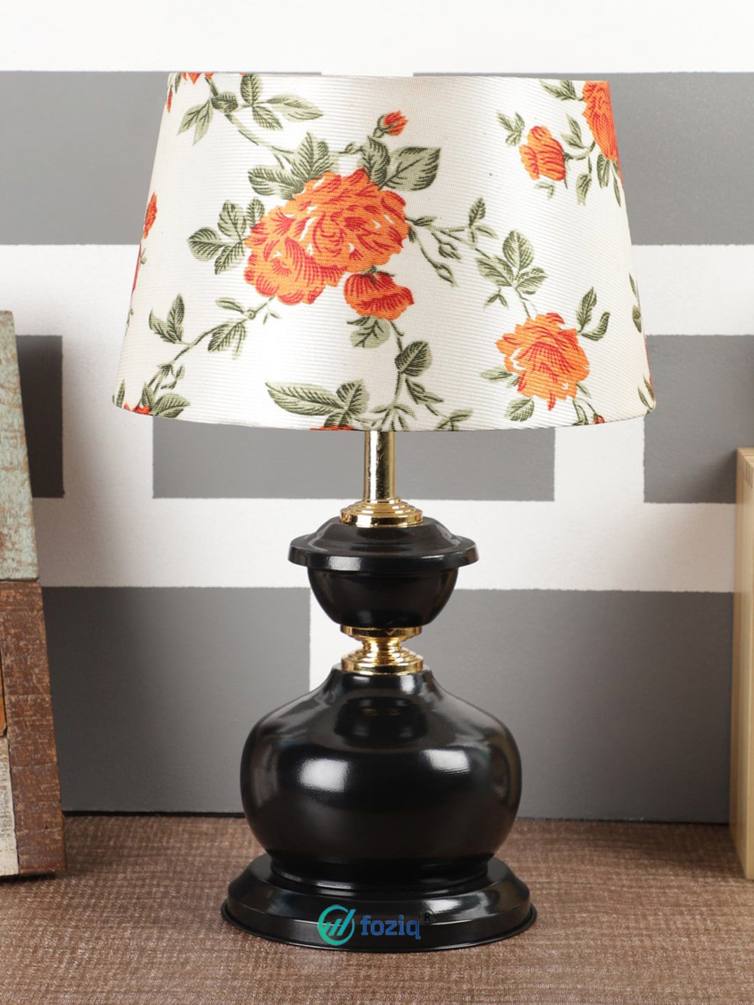 foziq Black & White Floral Printed Table Lamp With Shade Price in India