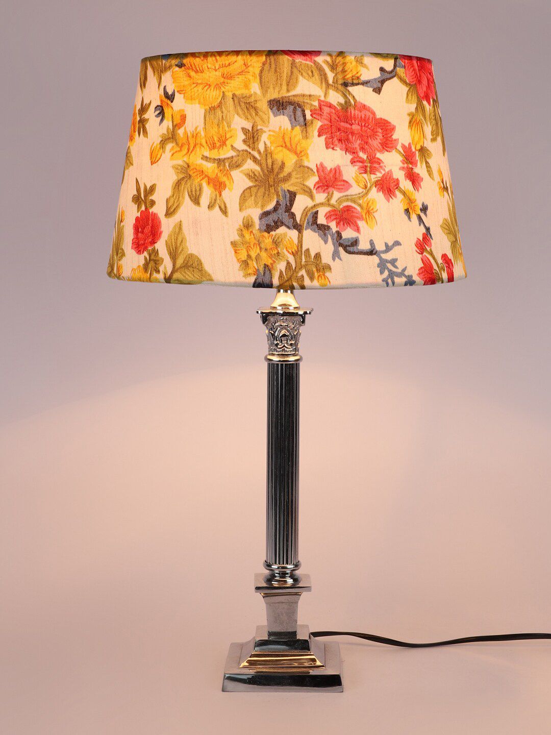 foziq Chrome Silver & Red Printed Country Table Lamps Price in India
