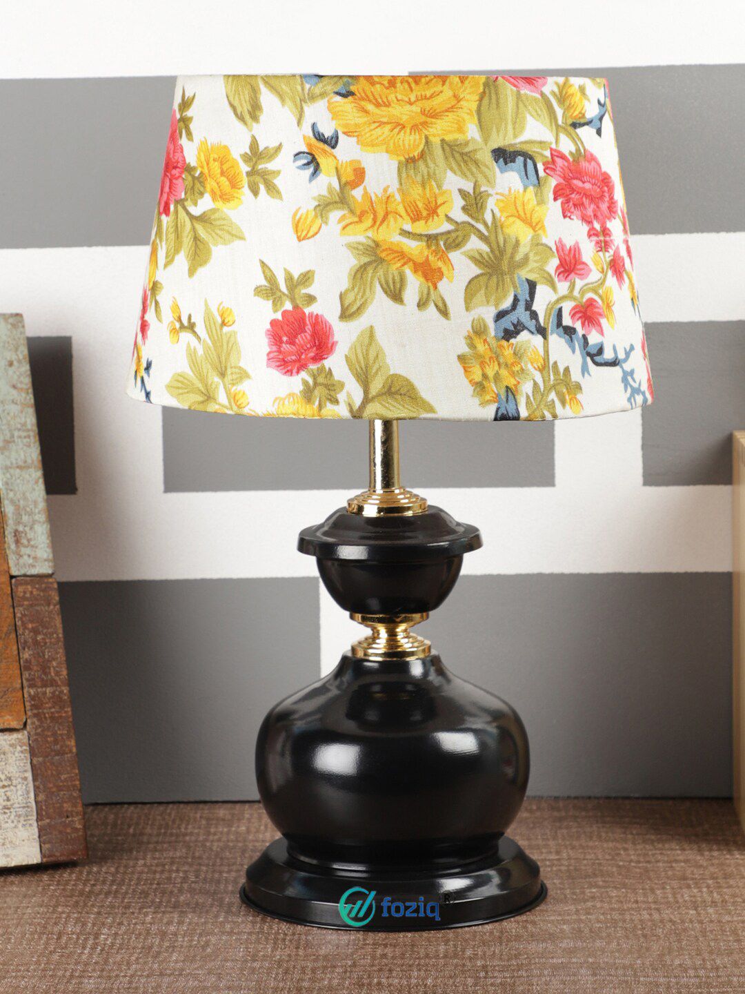 foziq Black Printed Country Table Lamp With Shade Price in India