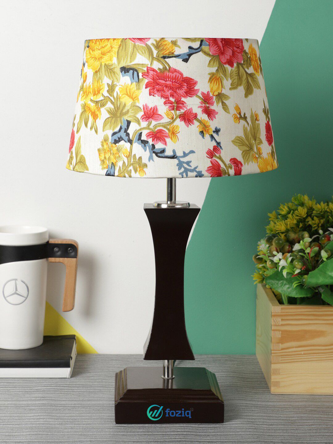 foziq Brown & White Printed Country Table Lamp Price in India