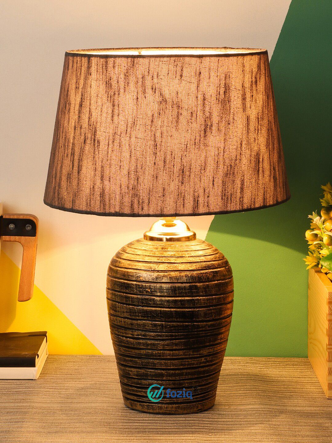 foziq Gold Tone & Black Textured Crafted Table Lamps Price in India