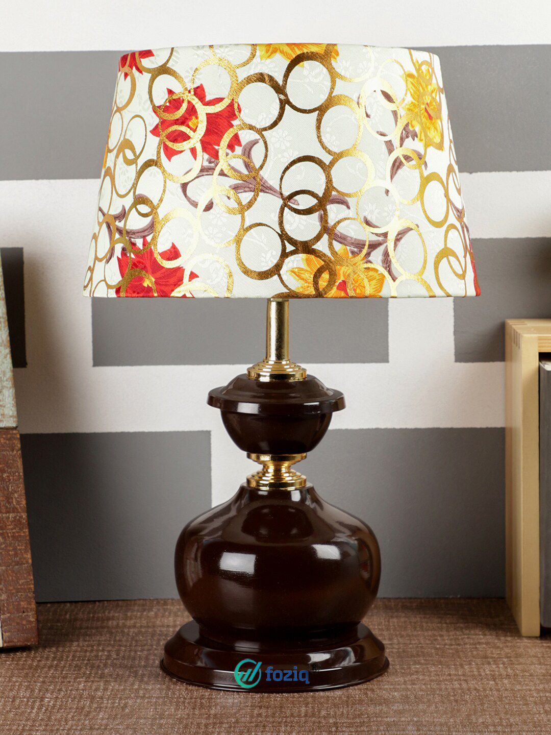 foziq Brown & White Printed Country Table Lamps Price in India
