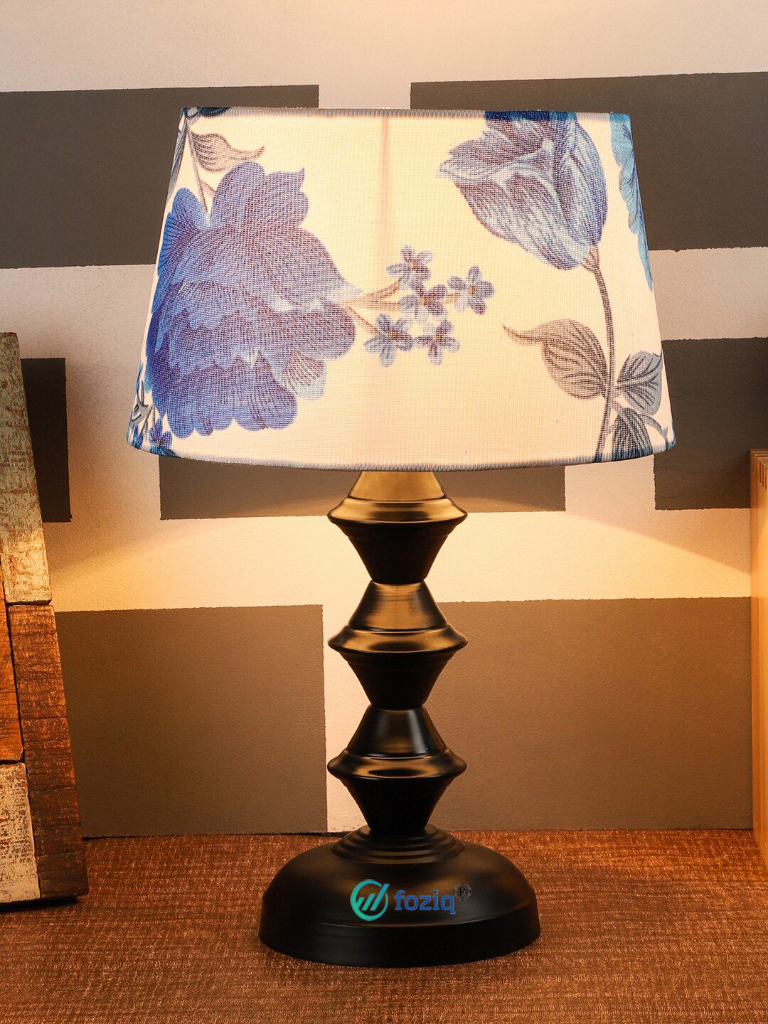 foziq Off White & Blue Floral Printed Table Lamp Price in India