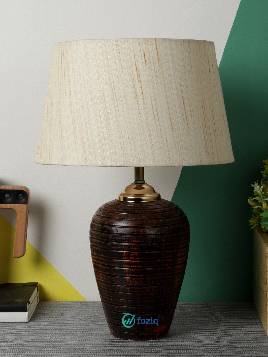 foziq Brown & Beige Textured Cylindrical Table Lamp Price in India
