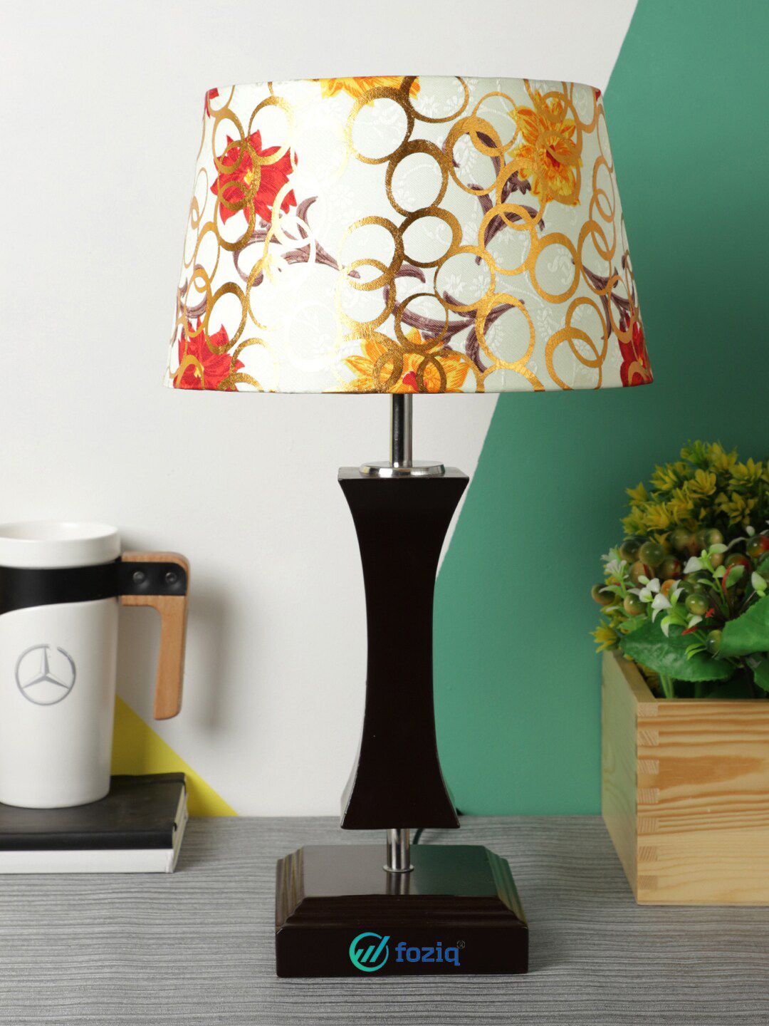 foziq Brown & White Printed Table Lamp with Shade Price in India