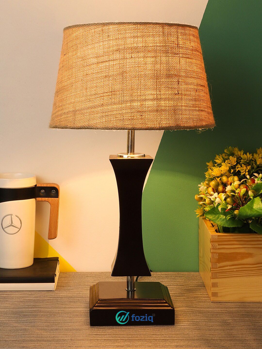 foziq Brown Wooden Country Table Lamp Price in India