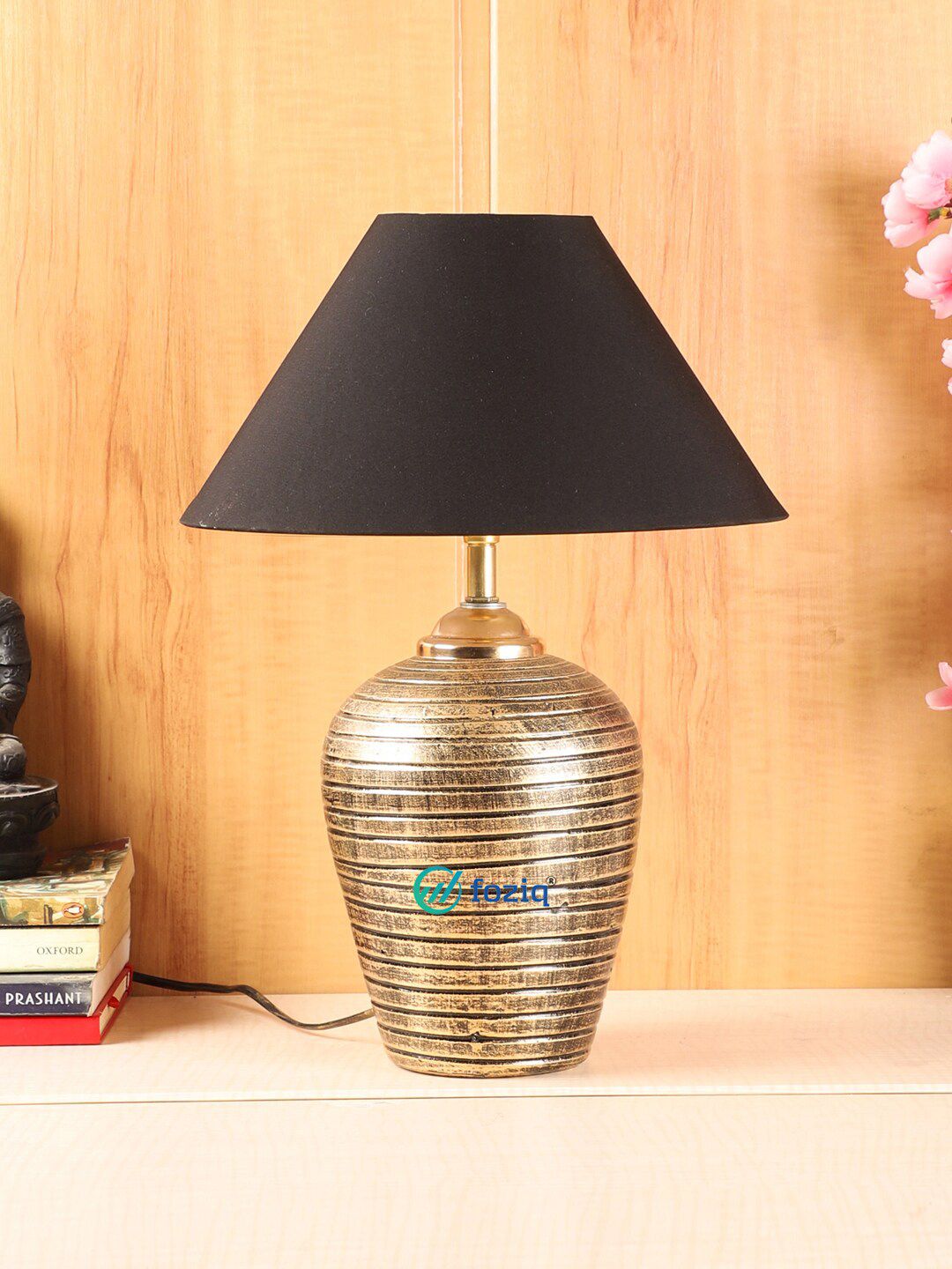 foziq Gold-Toned & Black Solid Country Table Lamps Price in India