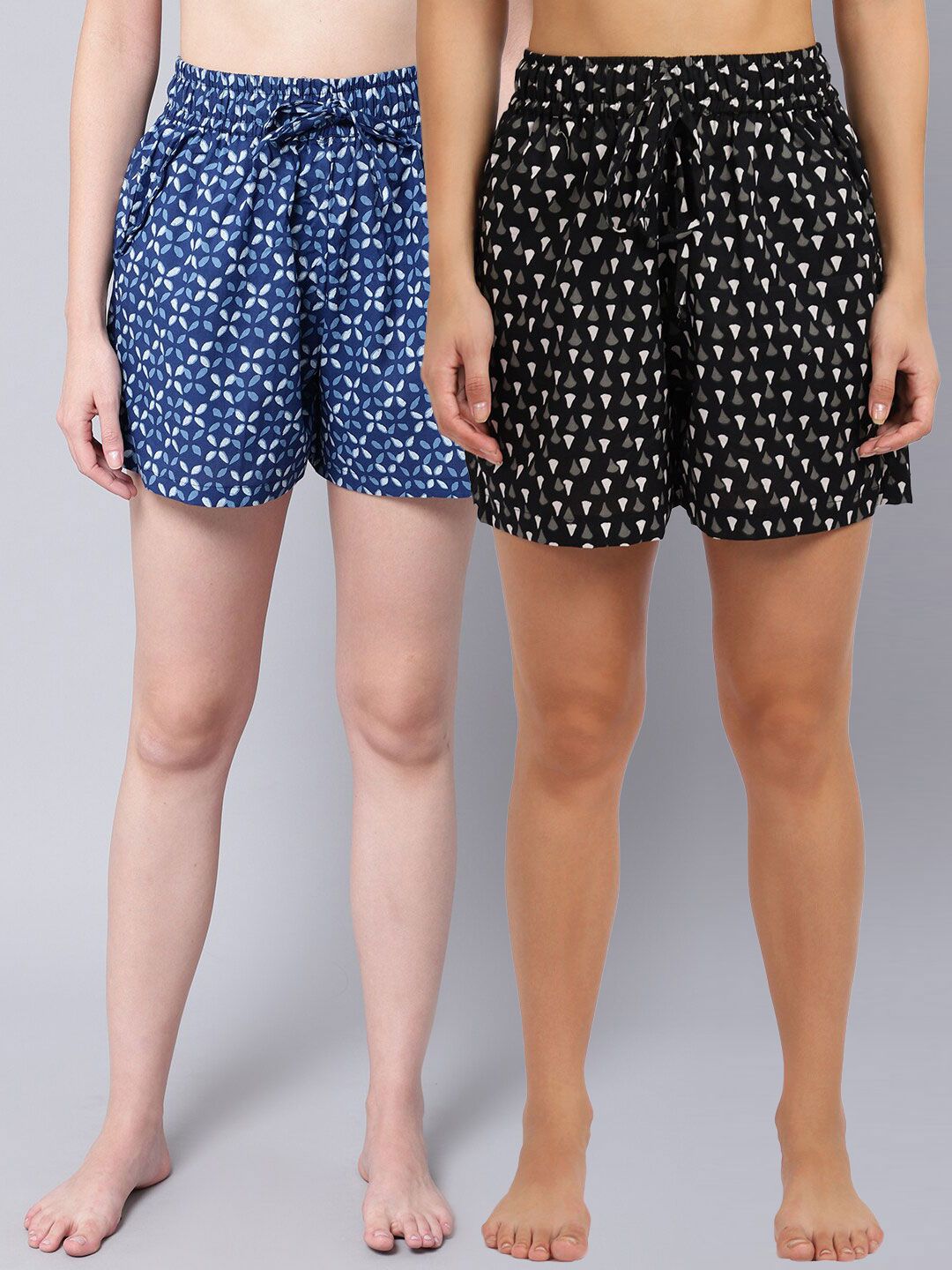 TAG 7 Women Black & Blue 2 Printed Lounge Shorts Price in India