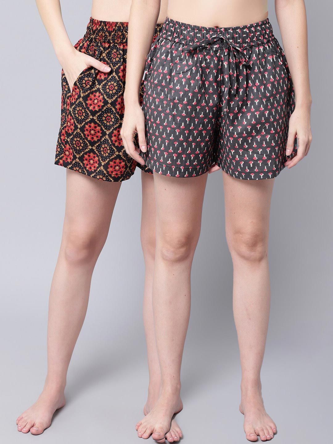 TAG 7 Women Black & Rust 2 Printed Lounge Shorts Price in India