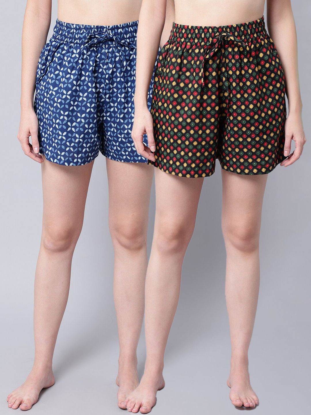 TAG 7 Women Black & Blue 2 Printed Lounge Shorts Price in India