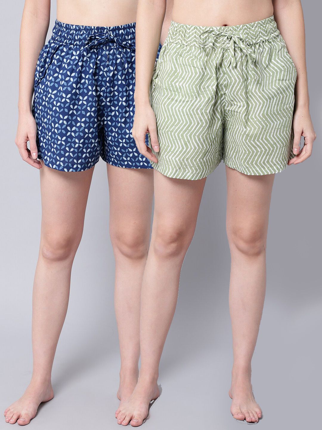 TAG 7 Women Blue & White 2 Printed Lounge Shorts Price in India