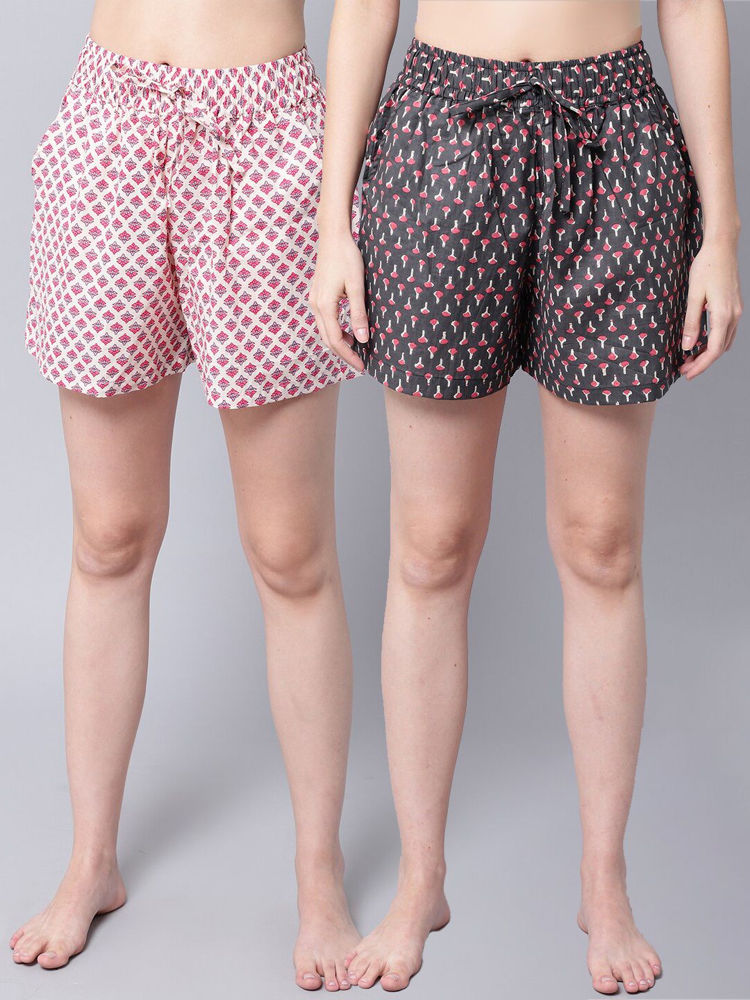 TAG 7 Women Grey & Pink 2 Printed Lounge Shorts Price in India