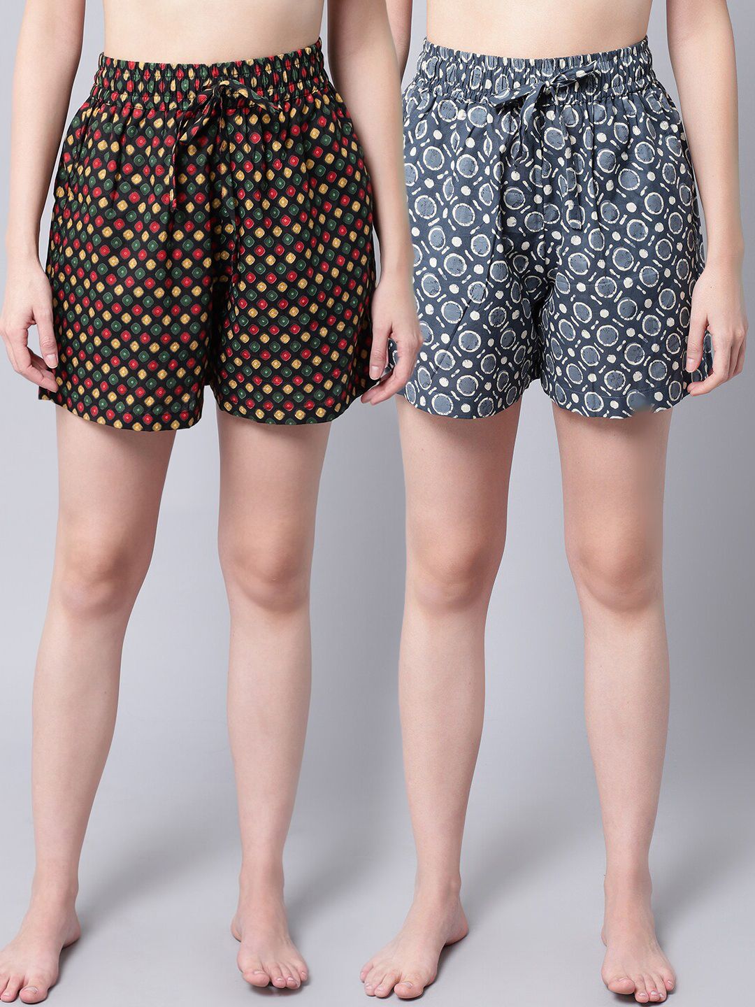 TAG 7 Women Black & Blue 2 Printed Lounge Shorts Price in India