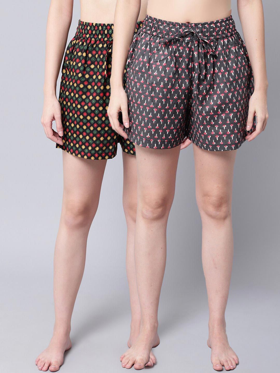 TAG 7 Women Black & Cream-Coloured 2 Printed Lounge Shorts Price in India