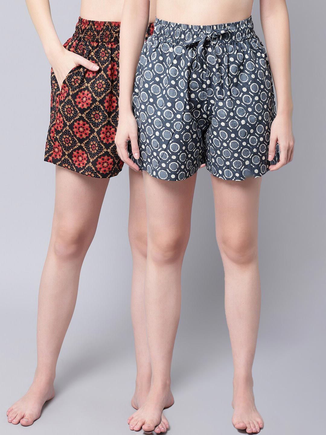 TAG 7 Women Black & Red 2 Printed Lounge Shorts Price in India