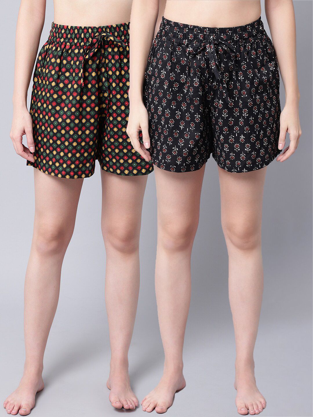 TAG 7 Women Black & Brown 2 Printed Lounge Shorts Price in India