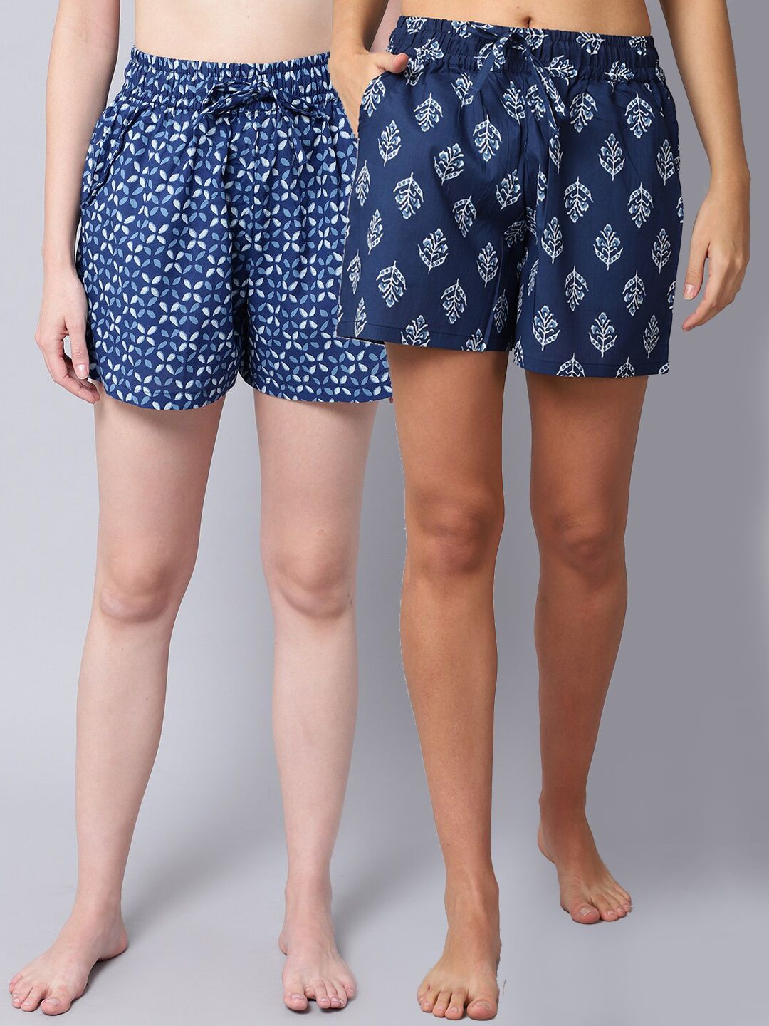 TAG 7 Women Blue & White 2 Printed Lounge Shorts Price in India