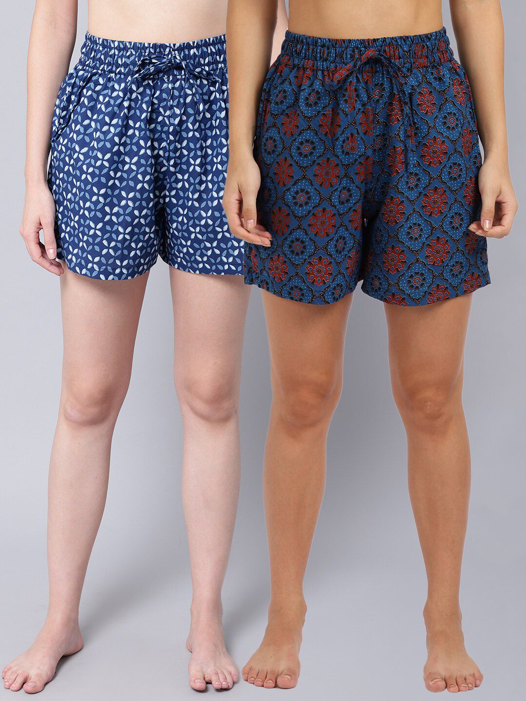 TAG 7 Women Blue & Brown 2 Printed Lounge Shorts Price in India