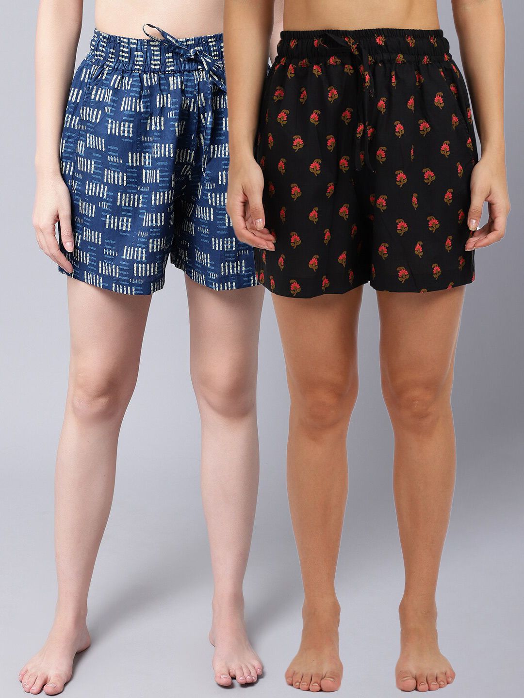 TAG 7 Women Black & Red 2 Printed Lounge Shorts Price in India