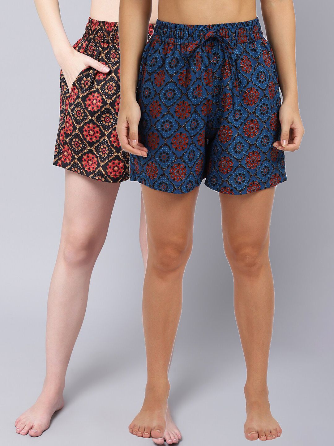 TAG 7 Women Blue & Red 2 Printed Lounge Shorts Price in India