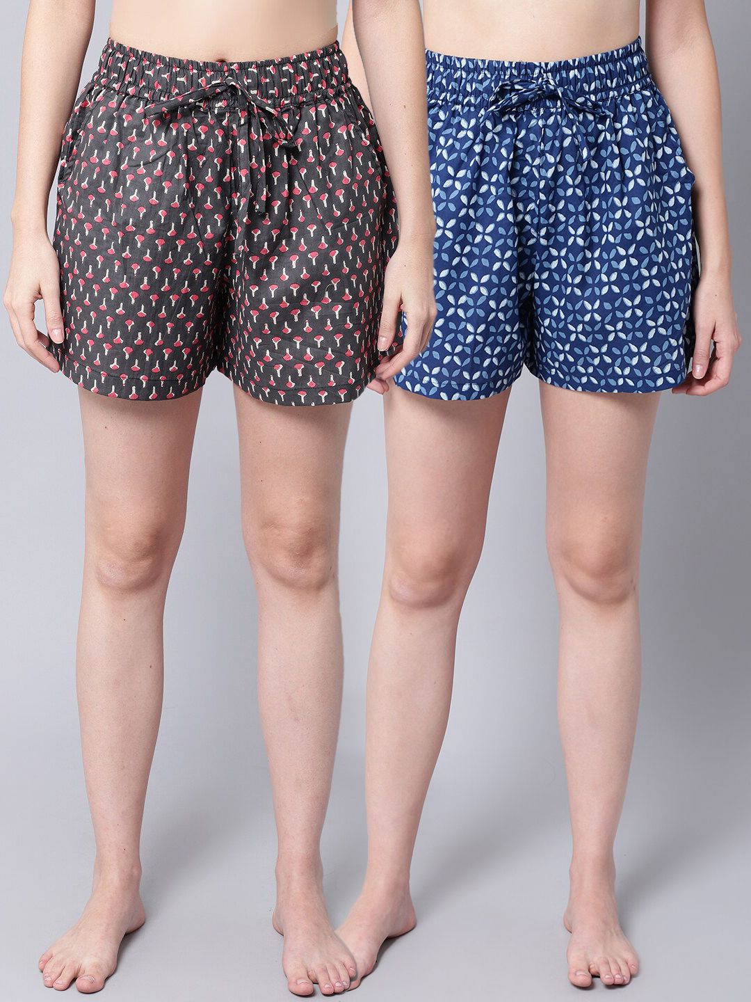 TAG 7 Women Grey & Brown 2 Printed Lounge Shorts Price in India