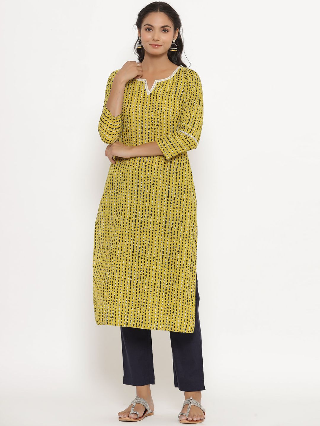 CRAFIQA Women Yellow Printed Pleated Pure Cotton Kurti with Trousers Price in India