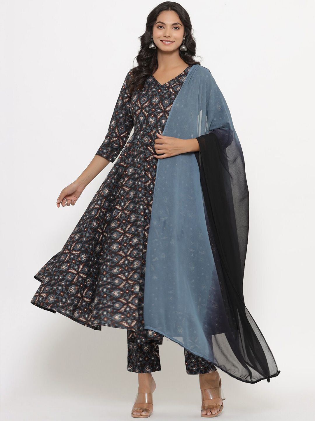 CRAFIQA Women Black Printed Panelled Pure Cotton Kurti with Trousers & With Dupatta Price in India