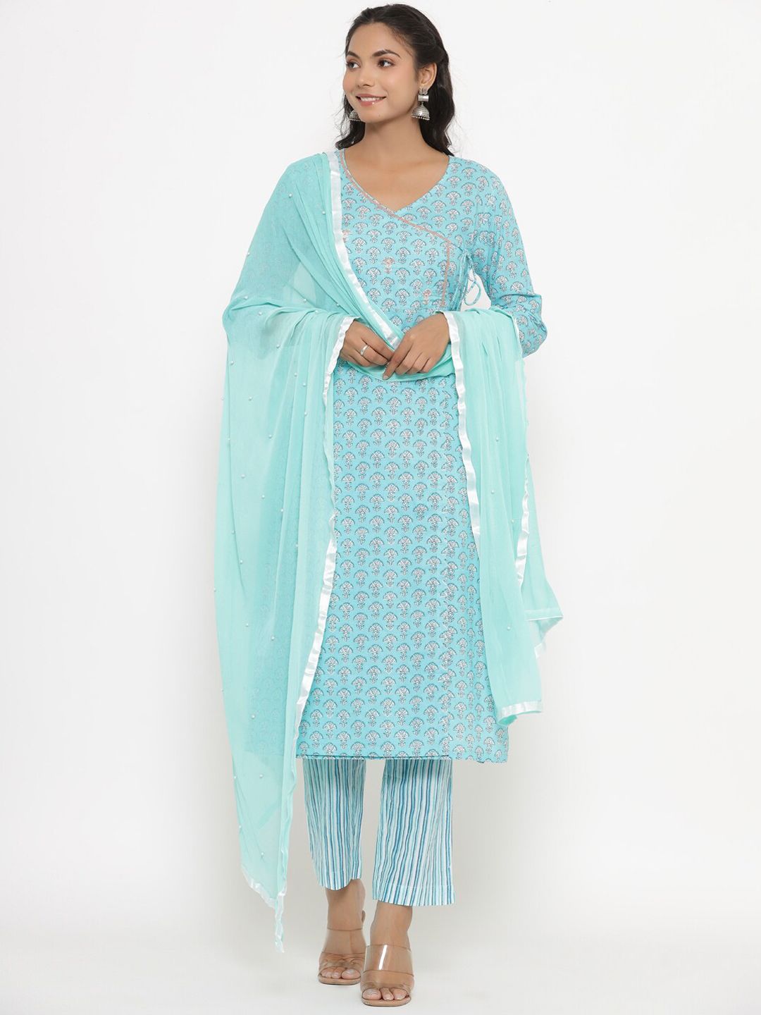 CRAFIQA Women Blue Ethnic Motifs Printed Beads and Stones Pure Cotton Kurta with Palazzos & With Dupatta Price in India