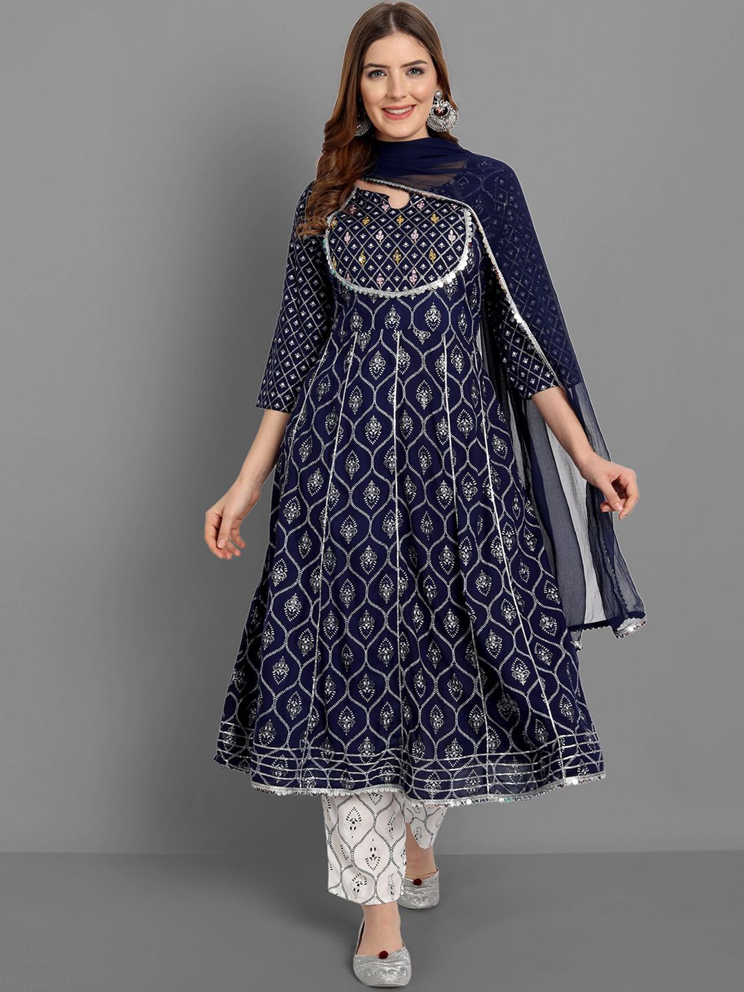 SINGNI Women Blue Floral Pleated Kurti with Trousers & With Dupatta Price in India