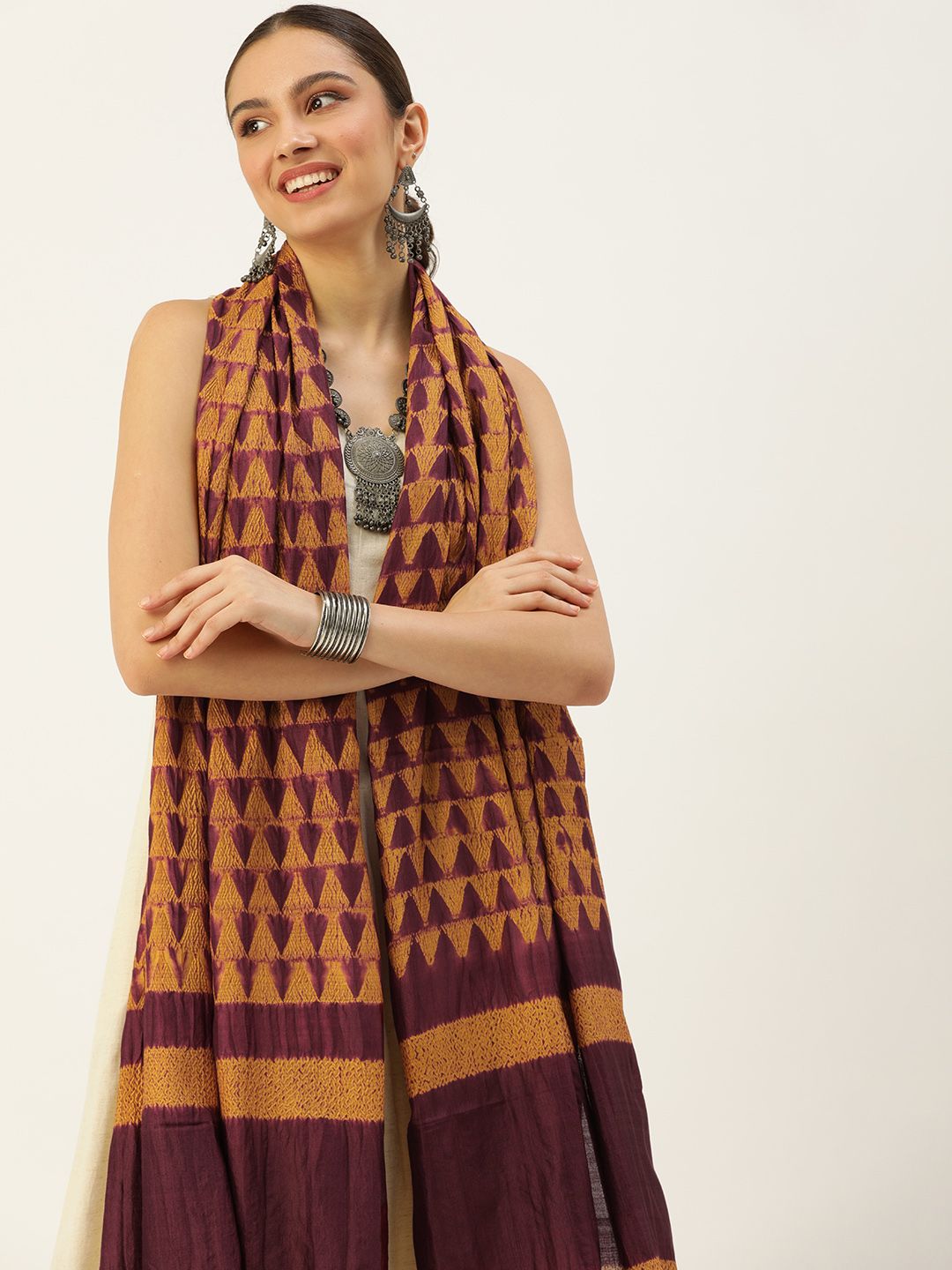 ArtEastri Burgundy & Yellow Woven Design Pure Silk Shibori Dupatta Price in India